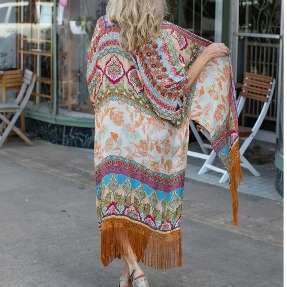 New! Boho Jaquard Print Fringe Kimono Coverup Wrap - Picture 6 of 9